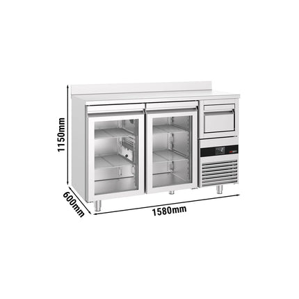 GGM Gastro Commercial Back Bar Bottle Cooler PREMIUM - 1580x600x1150mm - with 2 Hinged Glass Doors, upstand & knock box for coffee - Stainless Steel