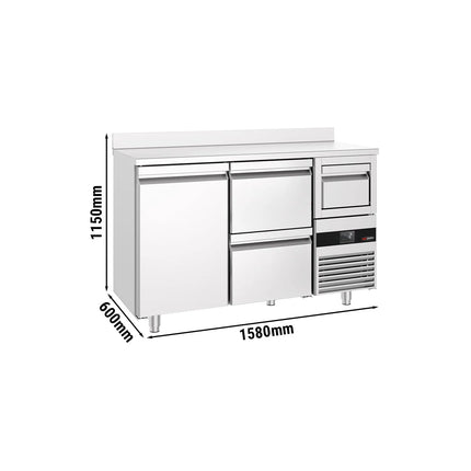 GGM Gastro Commercial Back Bar Bottle Cooler PREMIUM - 1580x600x1150mm - with 1 Door & 2 Drawers, upstand & knock box for coffee - Stainless Steel