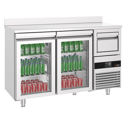 GGM Gastro Commercial Back Bar Bottle Cooler PREMIUM - 1580x600x1150mm - with 2 Hinged Glass Doors, upstand & knock box for coffee - Stainless Steel