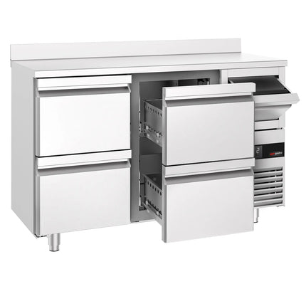 GGM Gastro Commercial Back Bar Bottle Cooler PREMIUM - 1580x600x1150mm - with 4 Drawers, upstand & knock box for coffee