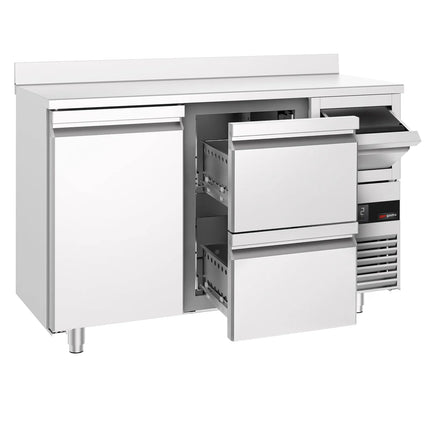 GGM Gastro Commercial Back Bar Bottle Cooler PREMIUM - 1580x600x1150mm - with 1 Door & 2 Drawers, upstand & knock box for coffee - Stainless Steel