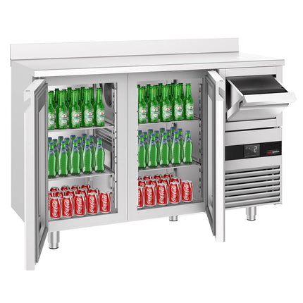 GGM Gastro Commercial Back Bar Bottle Cooler PREMIUM - 1580x600x1150mm - with 2 Hinged Glass Doors, upstand & knock box for coffee - Stainless Steel