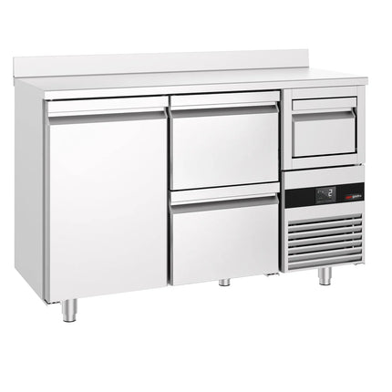 GGM Gastro Commercial Back Bar Bottle Cooler PREMIUM - 1580x600x1150mm - with 1 Door & 2 Drawers, upstand & knock box for coffee - Stainless Steel