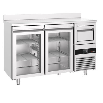 GGM Gastro Commercial Back Bar Bottle Cooler PREMIUM - 1580x600x1150mm - with 2 Hinged Glass Doors, upstand & knock box for coffee - Stainless Steel