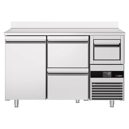GGM Gastro Commercial Back Bar Bottle Cooler PREMIUM - 1580x600x1150mm - with 1 Door & 2 Drawers, upstand & knock box for coffee - Stainless Steel