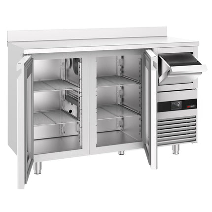 GGM Gastro Commercial Back Bar Bottle Cooler PREMIUM - 1580x600x1150mm - with 2 Hinged Glass Doors, upstand & knock box for coffee - Stainless Steel