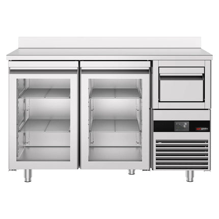 GGM Gastro Commercial Back Bar Bottle Cooler PREMIUM - 1580x600x1150mm - with 2 Hinged Glass Doors, upstand & knock box for coffee - Stainless Steel