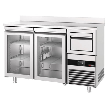 GGM Gastro Commercial Back Bar Bottle Cooler PREMIUM - 1580x600x1150mm - with 2 Hinged Glass Doors, upstand & knock box for coffee - Stainless Steel