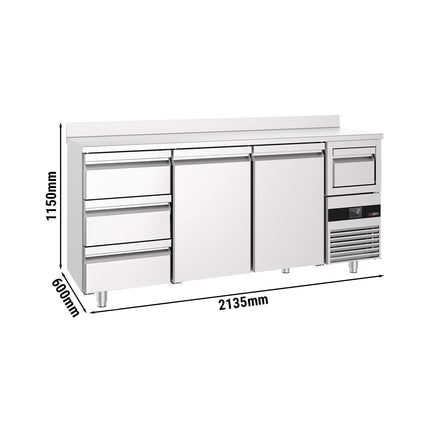 GGM Gastro Commercial Back Bar Bottle Cooler PREMIUM - 2135x600mm - 570L - with 2 Doors & 3 Drawers, upstand & knock box for coffee, auto defrost, fan-assisted cooling, digital thermostat - Stainless Steel