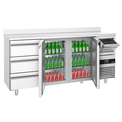 GGM Gastro Commercial Back Bar Bottle Cooler PREMIUM - 2135x600mm - 570L - with 2 Doors & 3 Drawers, upstand & knock box for coffee, auto defrost, fan-assisted cooling, digital thermostat - Stainless Steel