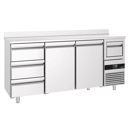GGM Gastro Commercial Back Bar Bottle Cooler PREMIUM - 2135x600mm - 570L - with 2 Doors & 3 Drawers, upstand & knock box for coffee, auto defrost, fan-assisted cooling, digital thermostat - Stainless Steel