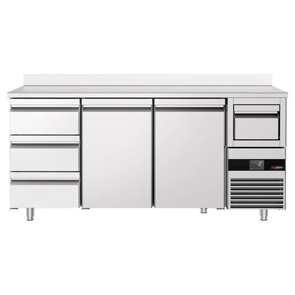 GGM Gastro Commercial Back Bar Bottle Cooler PREMIUM - 2135x600mm - 570L - with 2 Doors & 3 Drawers, upstand & knock box for coffee, auto defrost, fan-assisted cooling, digital thermostat - Stainless Steel