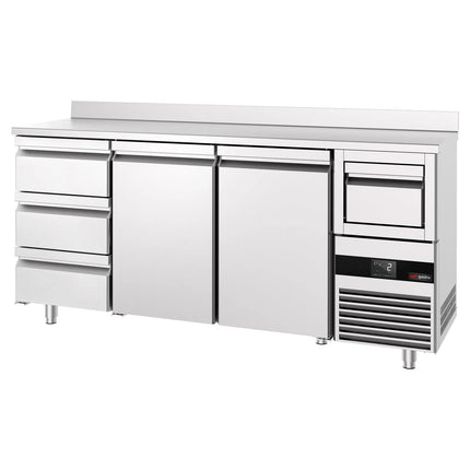 GGM Gastro Commercial Back Bar Bottle Cooler PREMIUM - 2135x600mm - 570L - with 2 Doors & 3 Drawers, upstand & knock box for coffee, auto defrost, fan-assisted cooling, digital thermostat - Stainless Steel