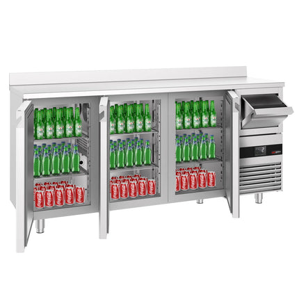 GGM Gastro Commercial Back Bar Bottle Cooler PREMIUM - 2135x600x1150mm - 570L - with 3 Hinged Glass Doors, upstand & knock box for coffee - Stainless Steel
