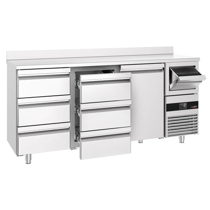 GGM Gastro Commercial Back Bar Bottle Cooler PREMIUM - 2135x600x1150mm - 570L - with 1 Solid Door & 6 Drawers, upstand & knock box for coffee - Stainless Steel
