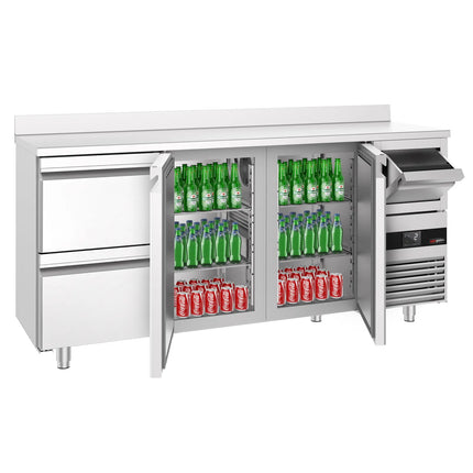 GGM Gastro Commercial Back Bar Bottle Cooler PREMIUM - 2135x600x1150mm - 570L - with 2 Doors & 2 Drawers, upstand & knock box for coffee - Stainless Steel