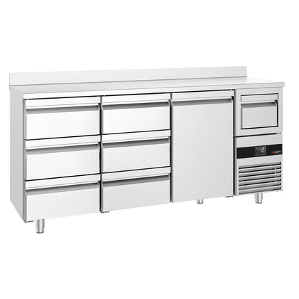 GGM Gastro Commercial Back Bar Bottle Cooler PREMIUM - 2135x600x1150mm - 570L - with 1 Solid Door & 6 Drawers, upstand & knock box for coffee - Stainless Steel