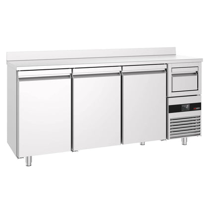 GGM Gastro Commercial Back Bar Bottle Cooler PREMIUM - 2135x600x1150mm - 570L - with 3 Hinged Glass Doors, upstand & knock box for coffee - Stainless Steel