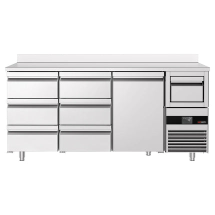 GGM Gastro Commercial Back Bar Bottle Cooler PREMIUM - 2135x600x1150mm - 570L - with 1 Solid Door & 6 Drawers, upstand & knock box for coffee - Stainless Steel