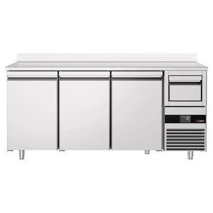 GGM Gastro Commercial Back Bar Bottle Cooler PREMIUM - 2135x600x1150mm - 570L - with 3 Hinged Glass Doors, upstand & knock box for coffee - Stainless Steel
