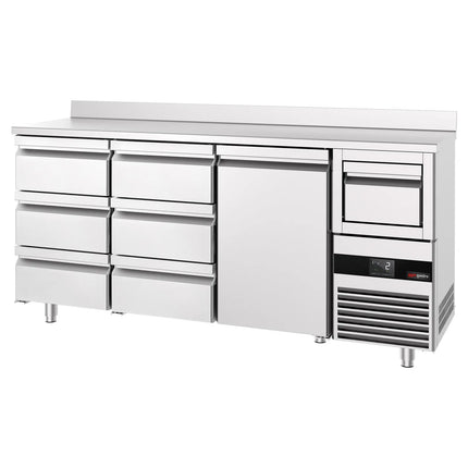 GGM Gastro Commercial Back Bar Bottle Cooler PREMIUM - 2135x600x1150mm - 570L - with 1 Solid Door & 6 Drawers, upstand & knock box for coffee - Stainless Steel