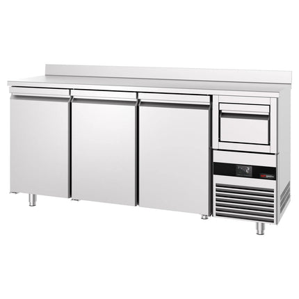 GGM Gastro Commercial Back Bar Bottle Cooler PREMIUM - 2135x600x1150mm - 570L - with 3 Hinged Glass Doors, upstand & knock box for coffee - Stainless Steel