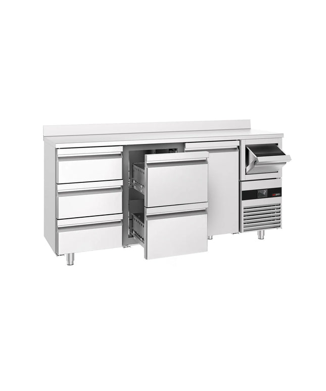 GGM Gastro Commercial Back Bar Bottle Cooler PREMIUM - 2135x600x1150mm - with 1 Hinged Glass Door, 5 Drawers, upstand & knock box for coffee - 570L