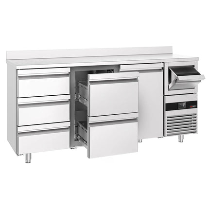 GGM Gastro Commercial Back Bar Bottle Cooler PREMIUM - 2135x600x1150mm - with 1 Hinged Glass Door, 5 Drawers, upstand & knock box for coffee - 570L