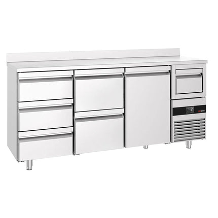 GGM Gastro Commercial Back Bar Bottle Cooler PREMIUM - 2135x600x1150mm - with 1 Hinged Glass Door, 5 Drawers, upstand & knock box for coffee - 570L