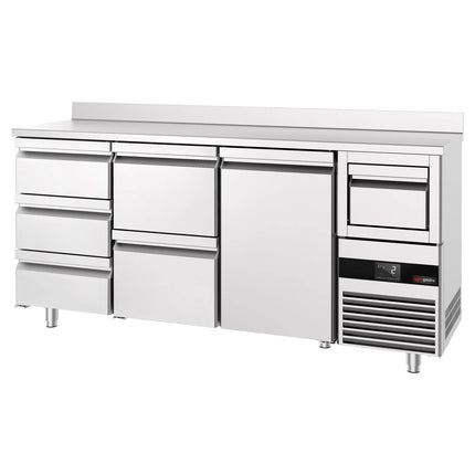 GGM Gastro Commercial Back Bar Bottle Cooler PREMIUM - 2135x600x1150mm - with 1 Hinged Glass Door, 5 Drawers, upstand & knock box for coffee - 570L