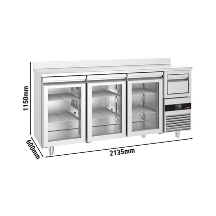 GGM Gastro Commercial Back Bar Bottle Cooler PREMIUM - 2140x600x1150mm - with 3 Hinged Glass Doors, upstand & knock box for coffee - 632L