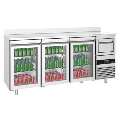GGM Gastro Commercial Back Bar Bottle Cooler PREMIUM - 2140x600x1150mm - with 3 Hinged Glass Doors, upstand & knock box for coffee - 632L