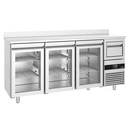 GGM Gastro Commercial Back Bar Bottle Cooler PREMIUM - 2140x600x1150mm - with 3 Hinged Glass Doors, upstand & knock box for coffee - 632L