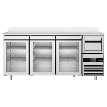 GGM Gastro Commercial Back Bar Bottle Cooler PREMIUM - 2140x600x1150mm - with 3 Hinged Glass Doors, upstand & knock box for coffee - 632L