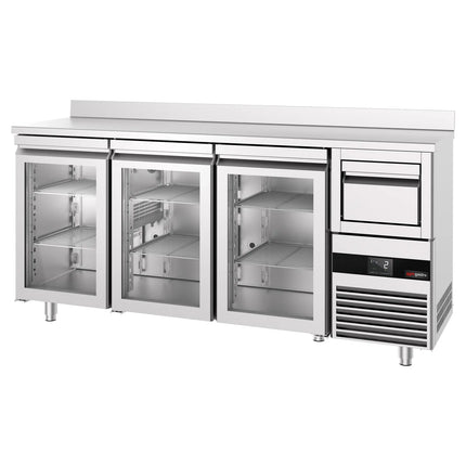GGM Gastro Commercial Back Bar Bottle Cooler PREMIUM - 2140x600x1150mm - with 3 Hinged Glass Doors, upstand & knock box for coffee - 632L
