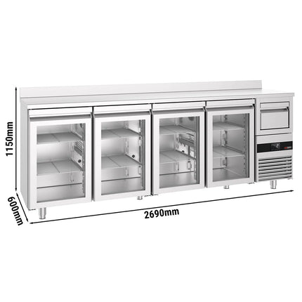 GGM Gastro Commercial Back Bar Bottle Cooler PREMIUM - 2690x600mm - 710L - with 4 Hinged Glass Doors, upstand & knock box for coffee