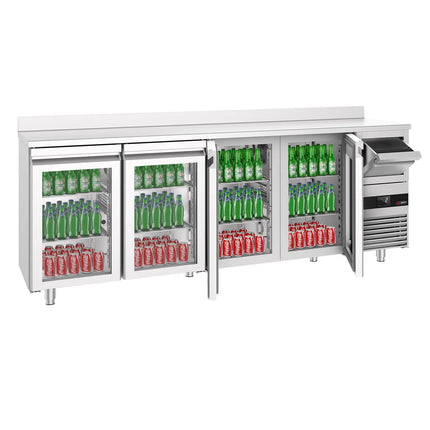 GGM Gastro Commercial Back Bar Bottle Cooler PREMIUM - 2690x600mm - 710L - with 4 Hinged Glass Doors, upstand & knock box for coffee