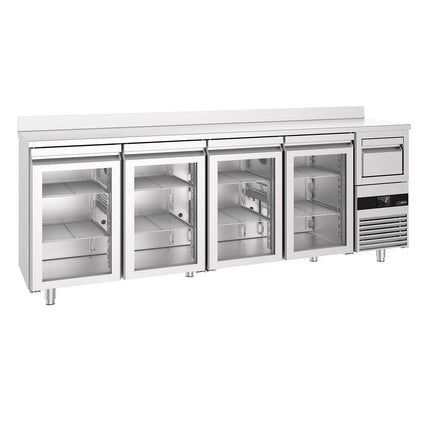 GGM Gastro Commercial Back Bar Bottle Cooler PREMIUM - 2690x600mm - 710L - with 4 Hinged Glass Doors, upstand & knock box for coffee