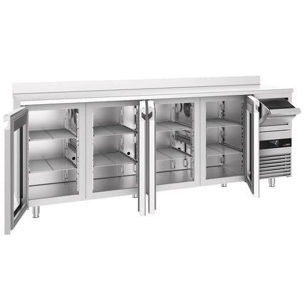 GGM Gastro Commercial Back Bar Bottle Cooler PREMIUM - 2690x600mm - 710L - with 4 Hinged Glass Doors, upstand & knock box for coffee