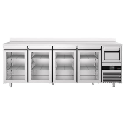GGM Gastro Commercial Back Bar Bottle Cooler PREMIUM - 2690x600mm - 710L - with 4 Hinged Glass Doors, upstand & knock box for coffee
