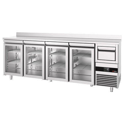 GGM Gastro Commercial Back Bar Bottle Cooler PREMIUM - 2690x600mm - 710L - with 4 Hinged Glass Doors, upstand & knock box for coffee