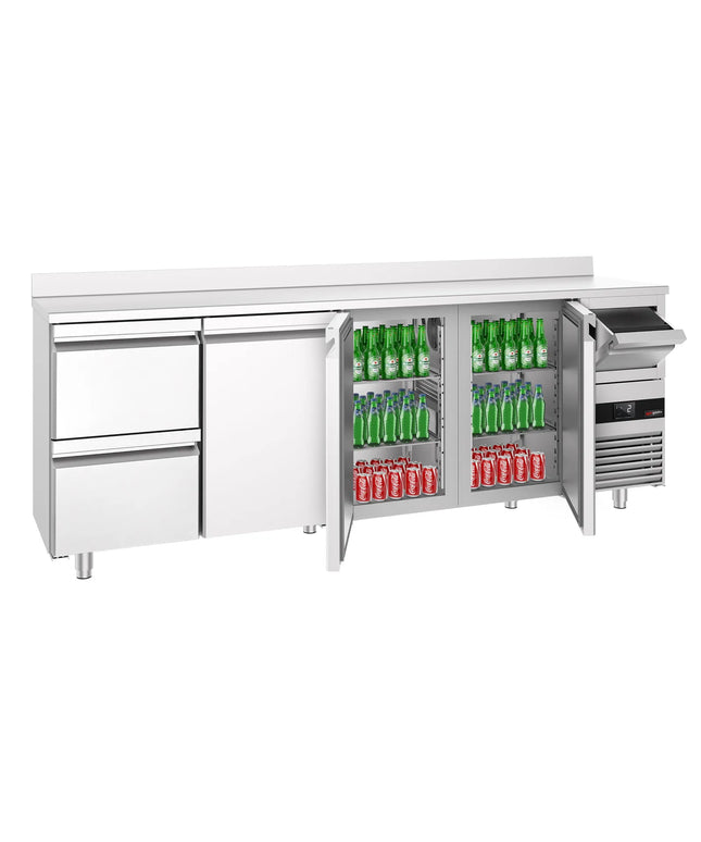 GGM Gastro Commercial Back Bar Bottle Cooler PREMIUM - 2690x600mm - 775L - with 3 Hinged Glass Doors, 2 Drawers, upstand & knock box for coffee - Stainless Steel