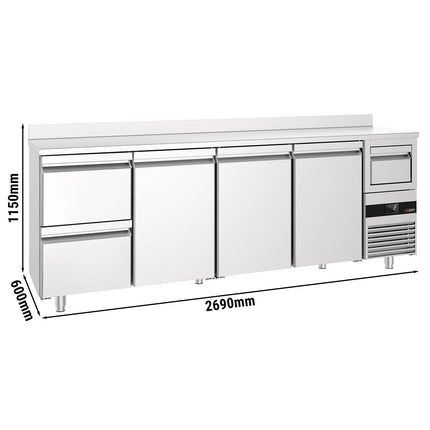 GGM Gastro Commercial Back Bar Bottle Cooler PREMIUM - 2690x600mm - 775L - with 3 Hinged Glass Doors, 2 Drawers, upstand & knock box for coffee - Stainless Steel