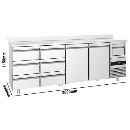 GGM Gastro Commercial Back Bar Bottle Cooler PREMIUM - 2690x600mm - 775L - with 2 Solid Doors & 6 Drawers, upstand & knock box for coffee