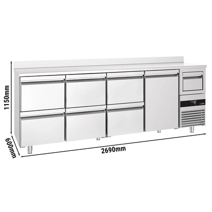 GGM Gastro Commercial Back Bar Bottle Cooler PREMIUM - 2690x600mm - 775L - with 1 Solid Door & 6 Drawers, upstand & knock box for coffee - Stainless Steel