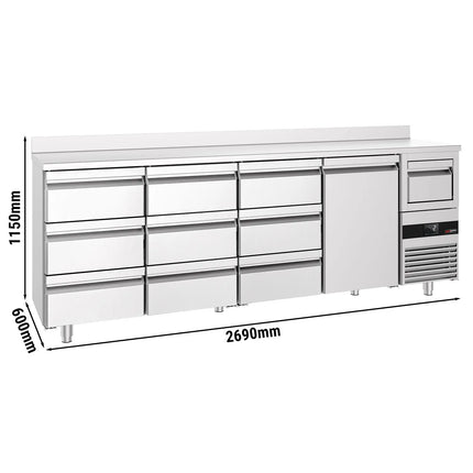 GGM Gastro Commercial Back Bar Bottle Cooler PREMIUM - 2690x600mm - 775L - with 1 Solid Door & 9 Drawers, upstand & knock box for coffee - Stainless Steel