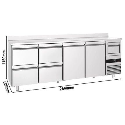 GGM Gastro Commercial Back Bar Bottle Cooler PREMIUM - 2690x600mm - 775L - with 2 Doors & 4 Drawers, upstand & knock box for coffee, auto defrost - Stainless Steel