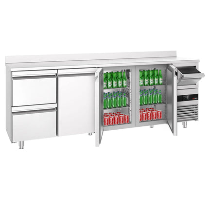 GGM Gastro Commercial Back Bar Bottle Cooler PREMIUM - 2690x600mm - 775L - with 3 Hinged Glass Doors, 2 Drawers, upstand & knock box for coffee - Stainless Steel