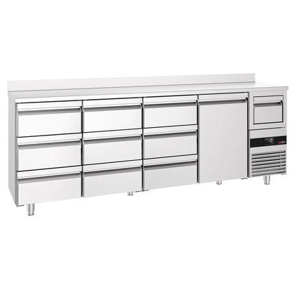 GGM Gastro Commercial Back Bar Bottle Cooler PREMIUM - 2690x600mm - 775L - with 1 Solid Door & 9 Drawers, upstand & knock box for coffee - Stainless Steel
