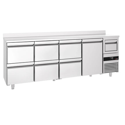 GGM Gastro Commercial Back Bar Bottle Cooler PREMIUM - 2690x600mm - 775L - with 1 Solid Door & 6 Drawers, upstand & knock box for coffee - Stainless Steel